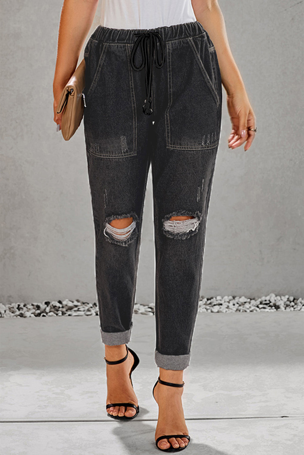 Sky Blue Gather Round Distressed Pocketed Denim Jogger