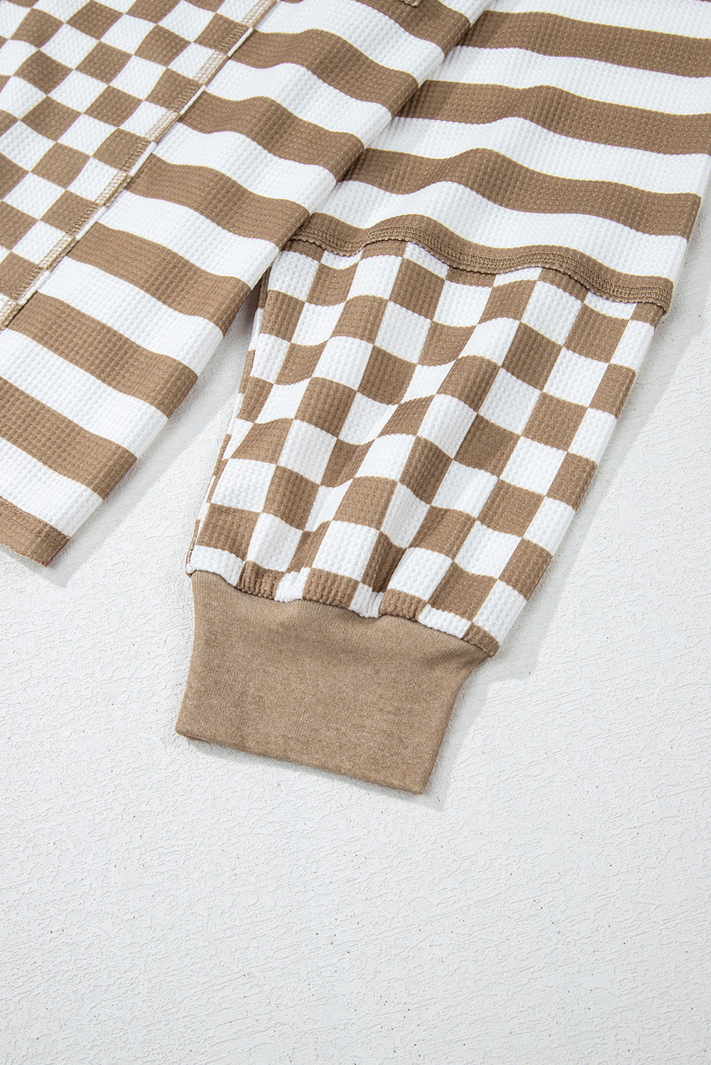 Rose Red Checkerboard Striped Patchwork Lantern Sleeve Pocketed Blouse