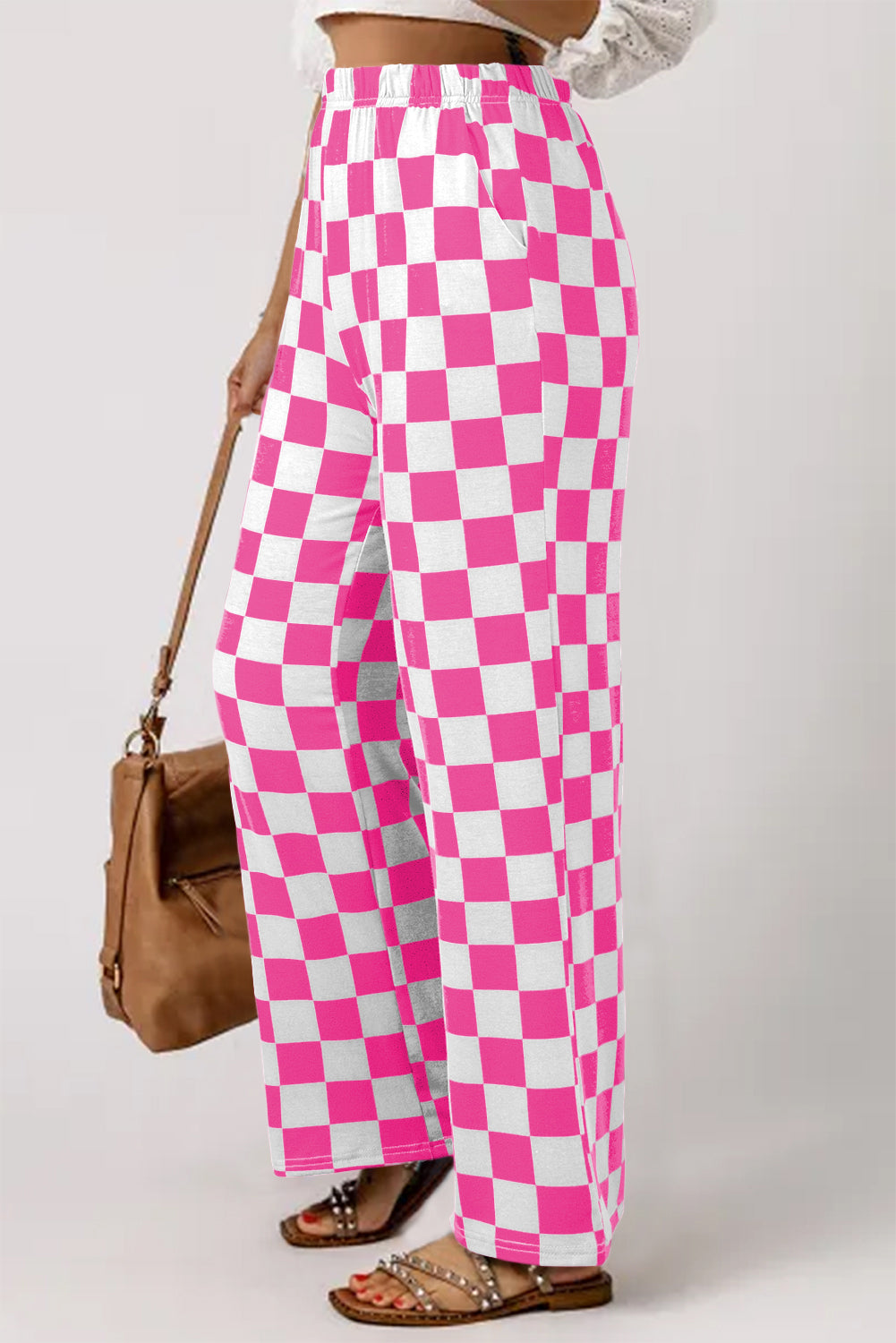Green 2-Tone Checked Print High Waist Wide Leg Pants