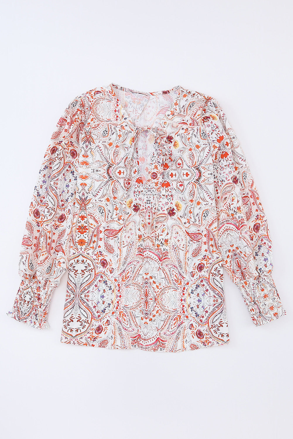 Fiery Red Vintage Boho Print Shirred Cuffs Blouse