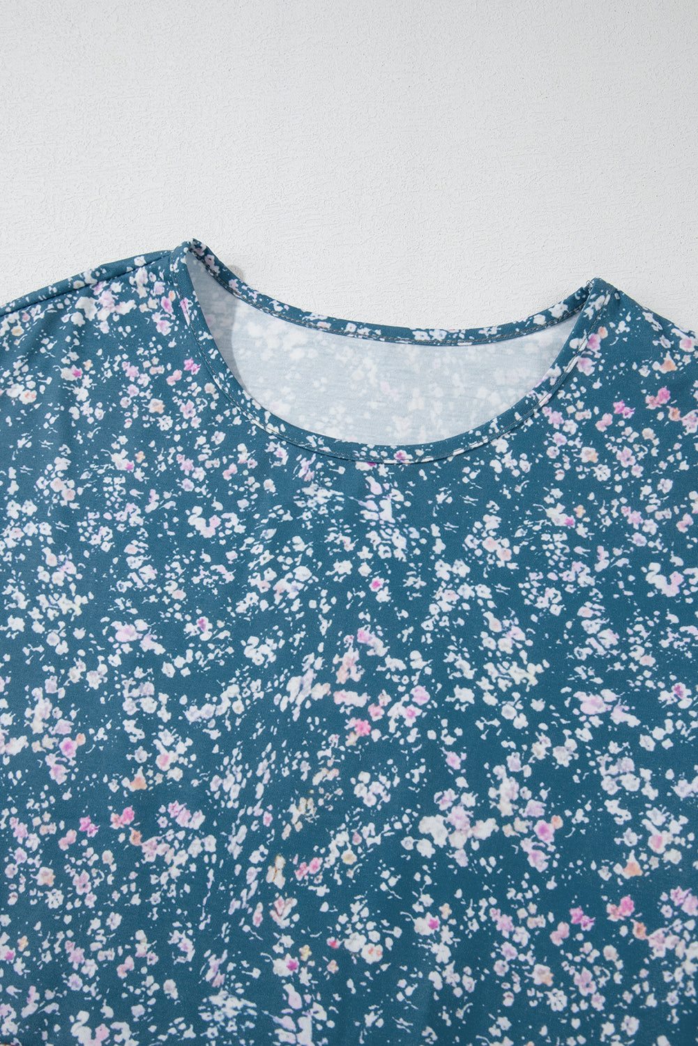 Blue Floral Color Block Patchwork Ruffled Hem Round Neck Blouse