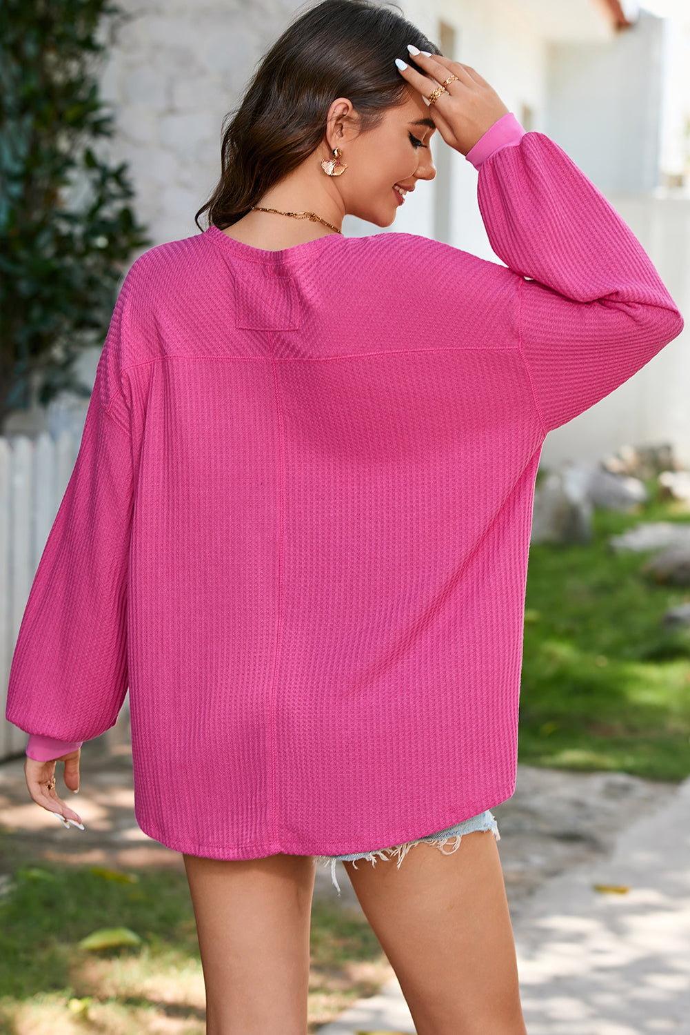 Orchid Petal Waffle V Neck Long Sleeve Drop Shoulder Loose Blouse