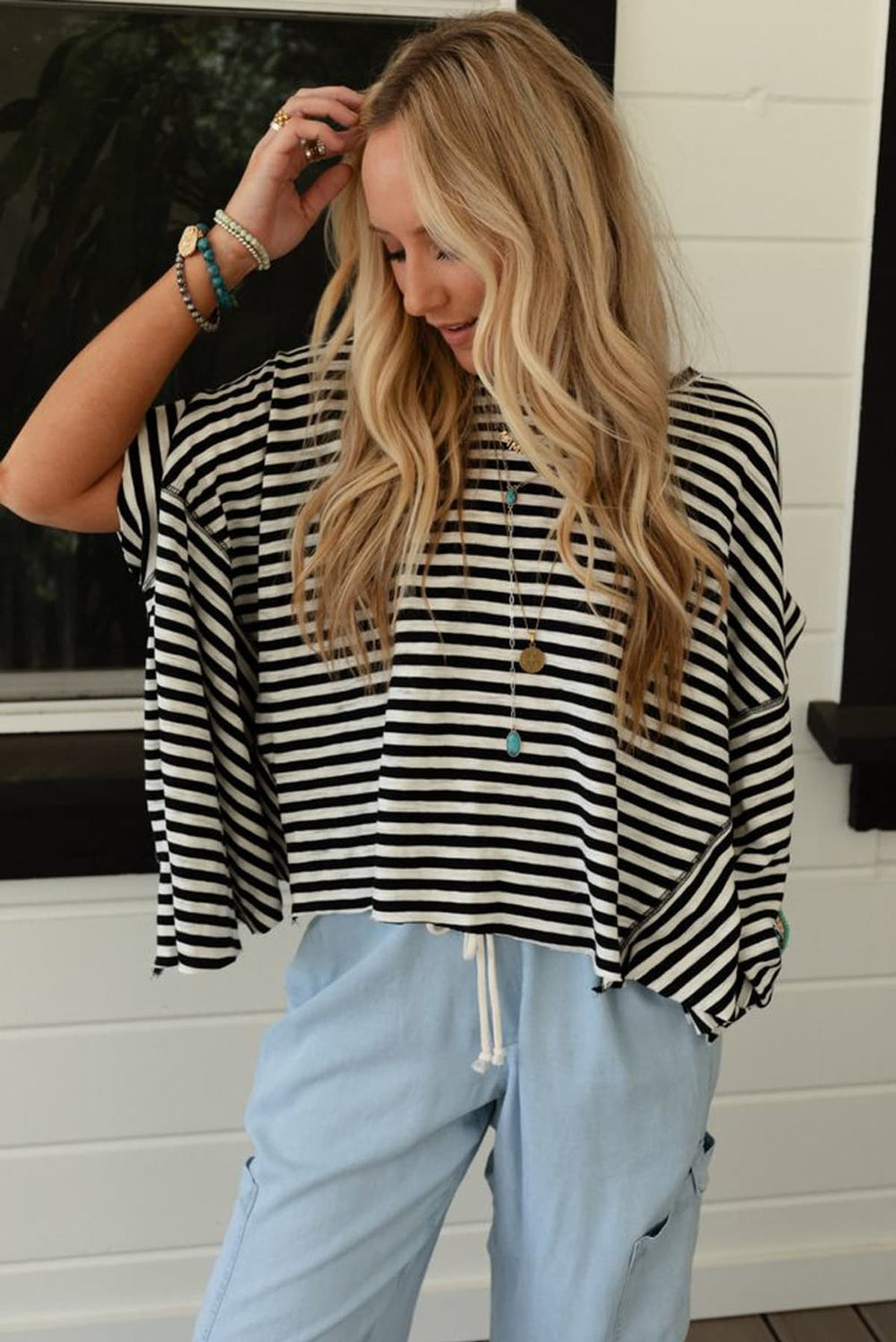 Khaki Stripe Batwing Sleeve Crewneck Oversized Top