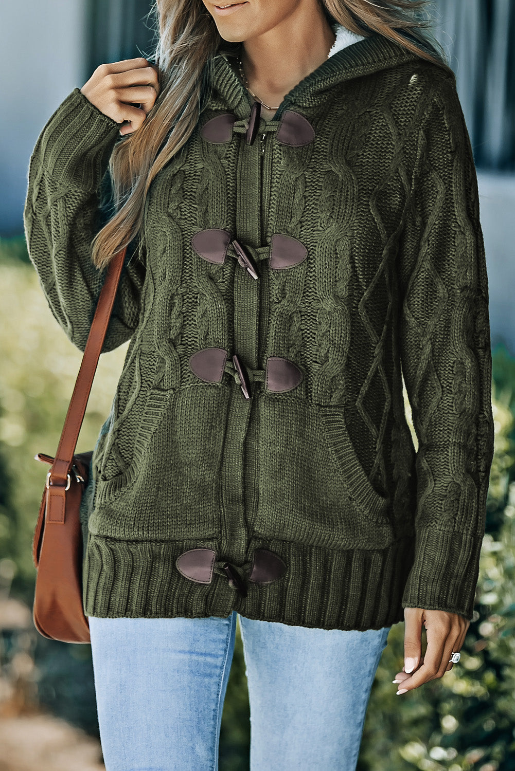 Fur Hood Horn Button Sweater Cardigan