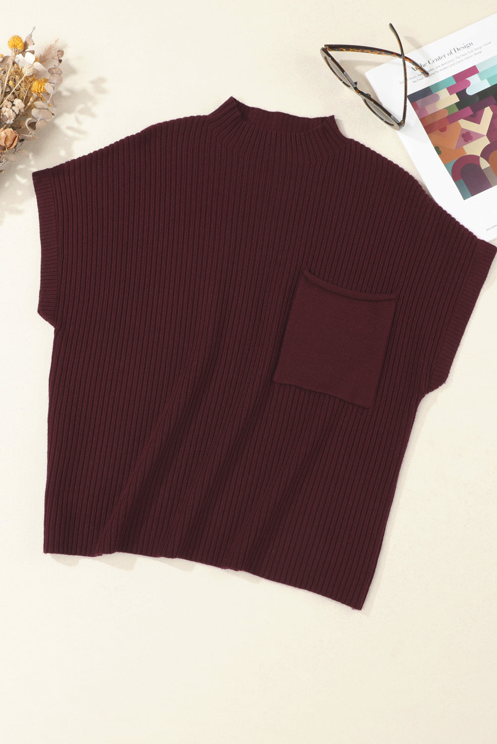 Beau Blue Patch Pocket Ribbed Knit Short Sleeve Sweater