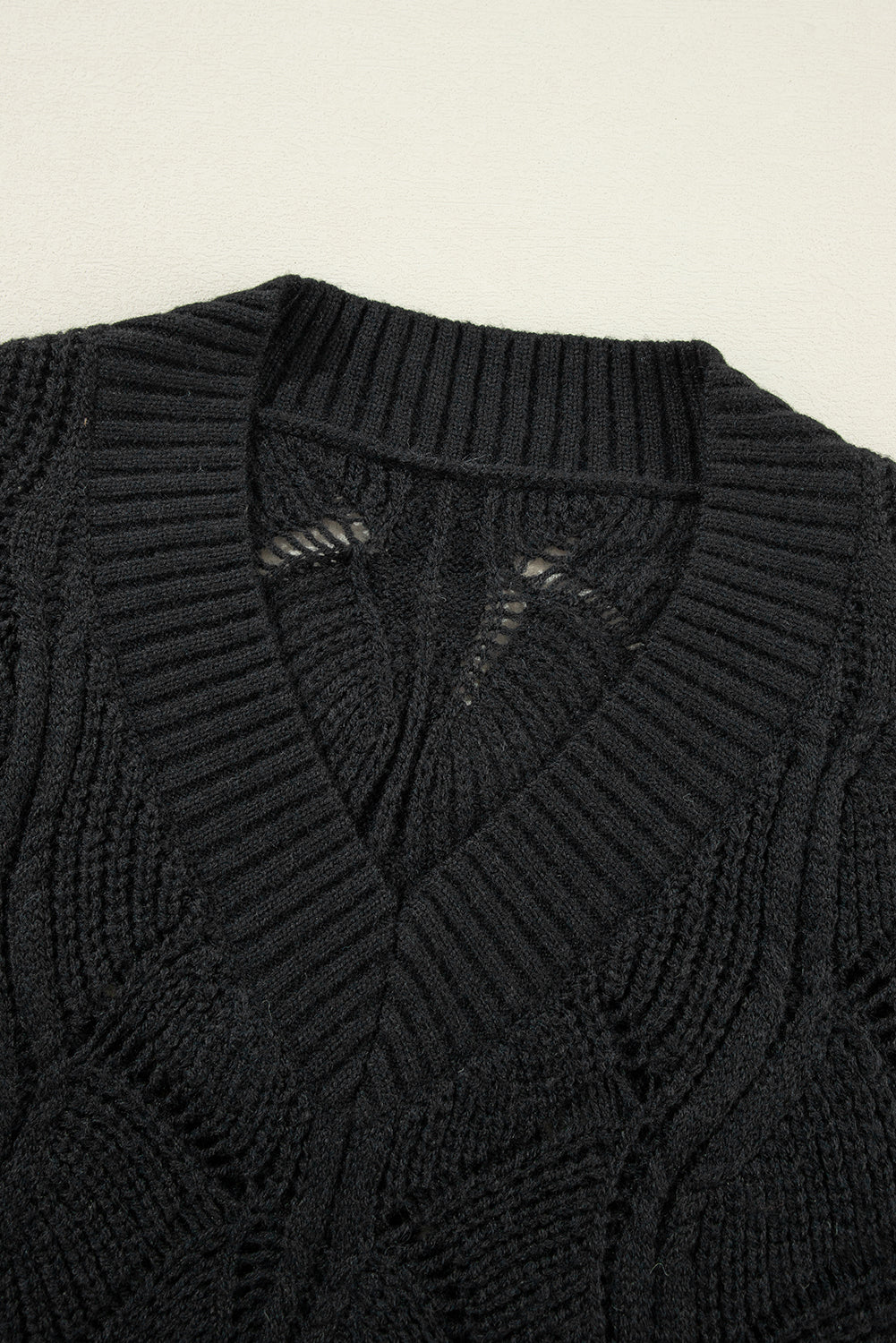 Beige Hollow Out Knit V Neck Drop Shoulder Sweater