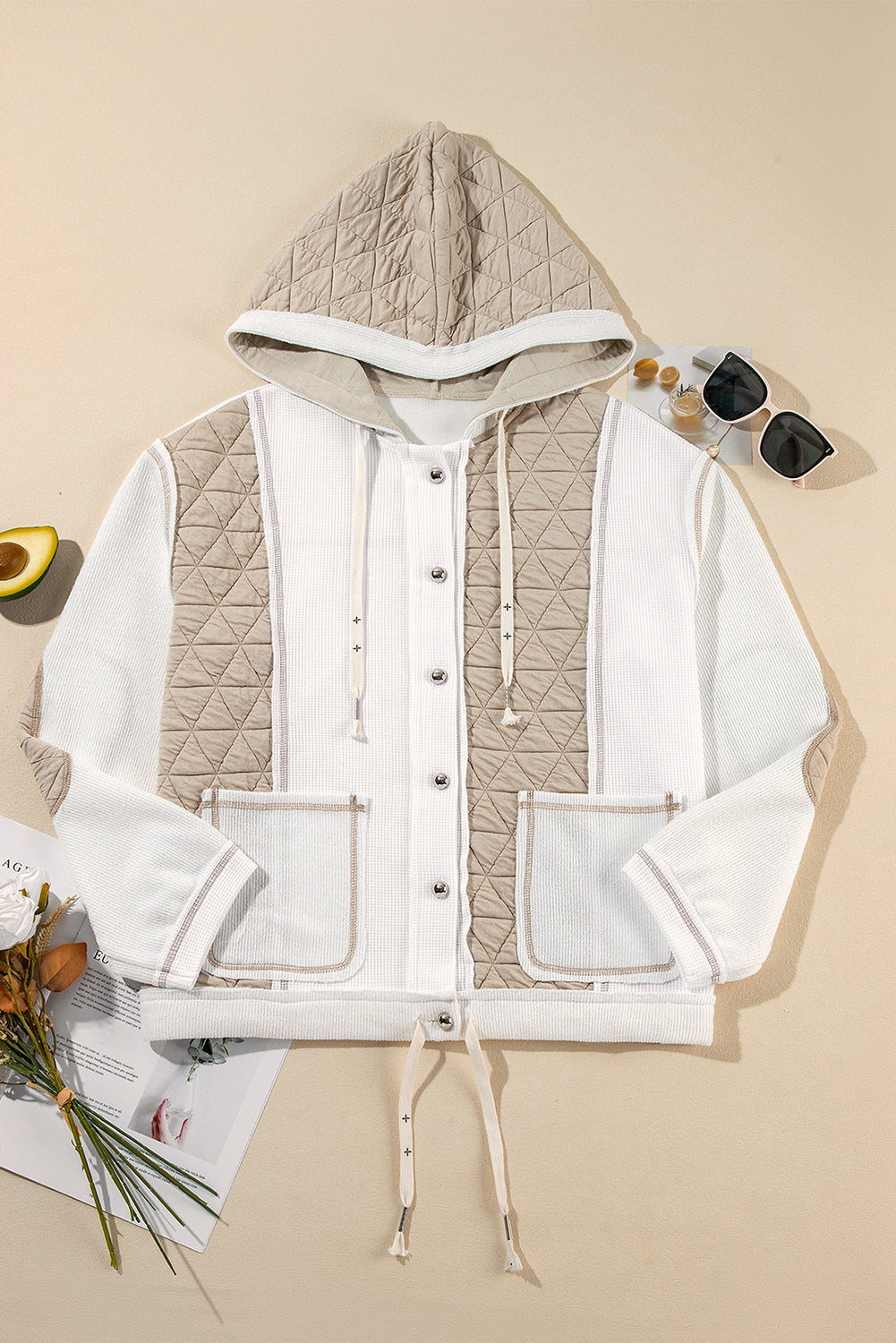 Light Blue Quilted Textured Patchwork Loose Fit Hooded Jacket