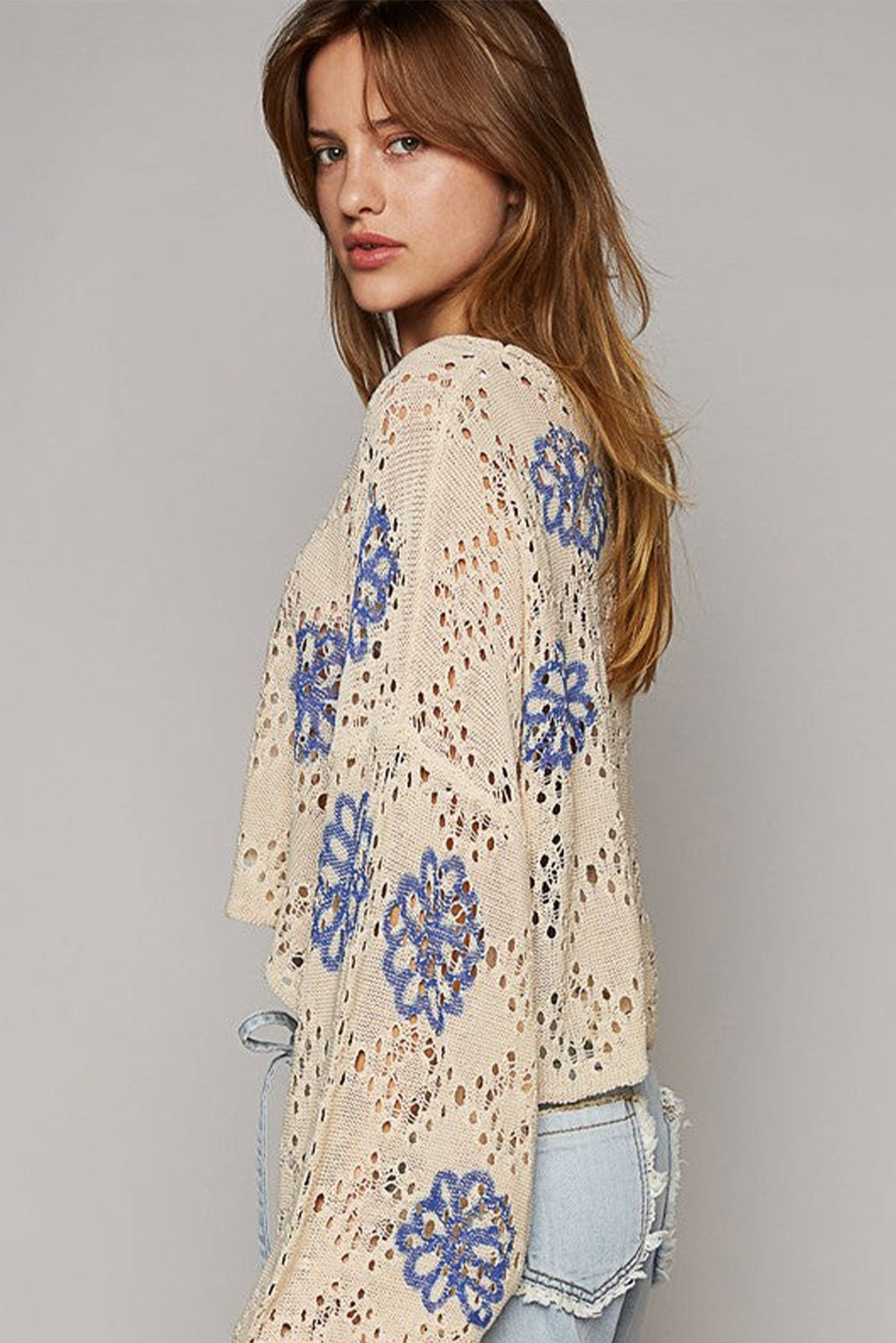 White Contrast Flower Print Eyelet Drop Shoulder Sweater