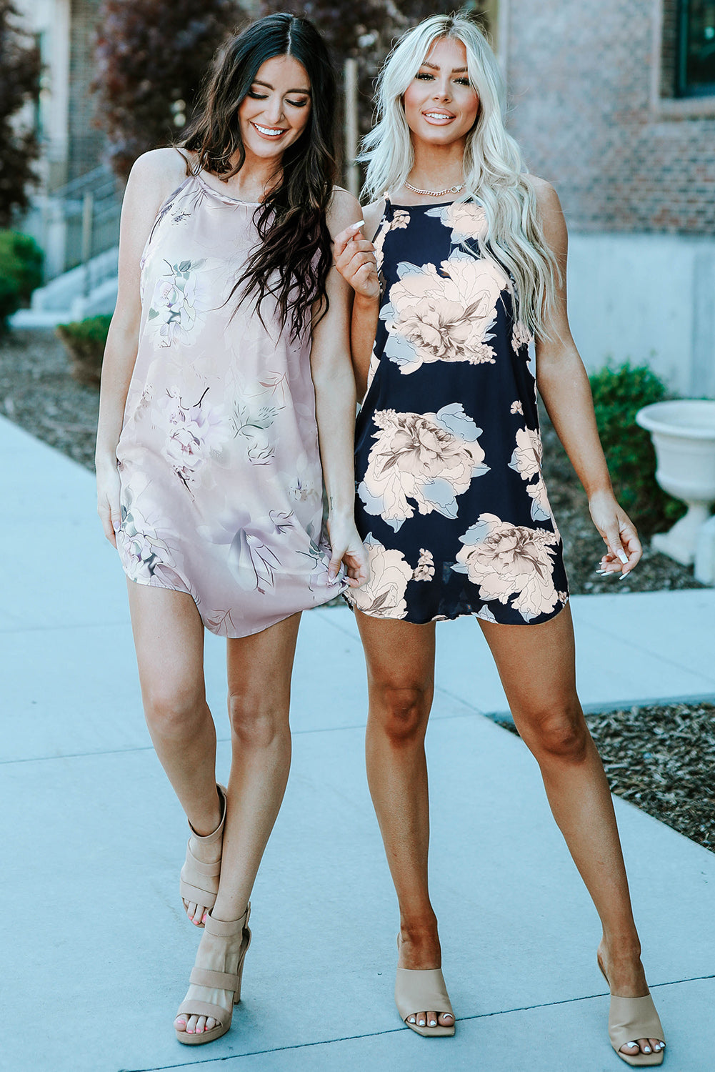 Palm Tree Leaf Print Navy Sleeveless Dress