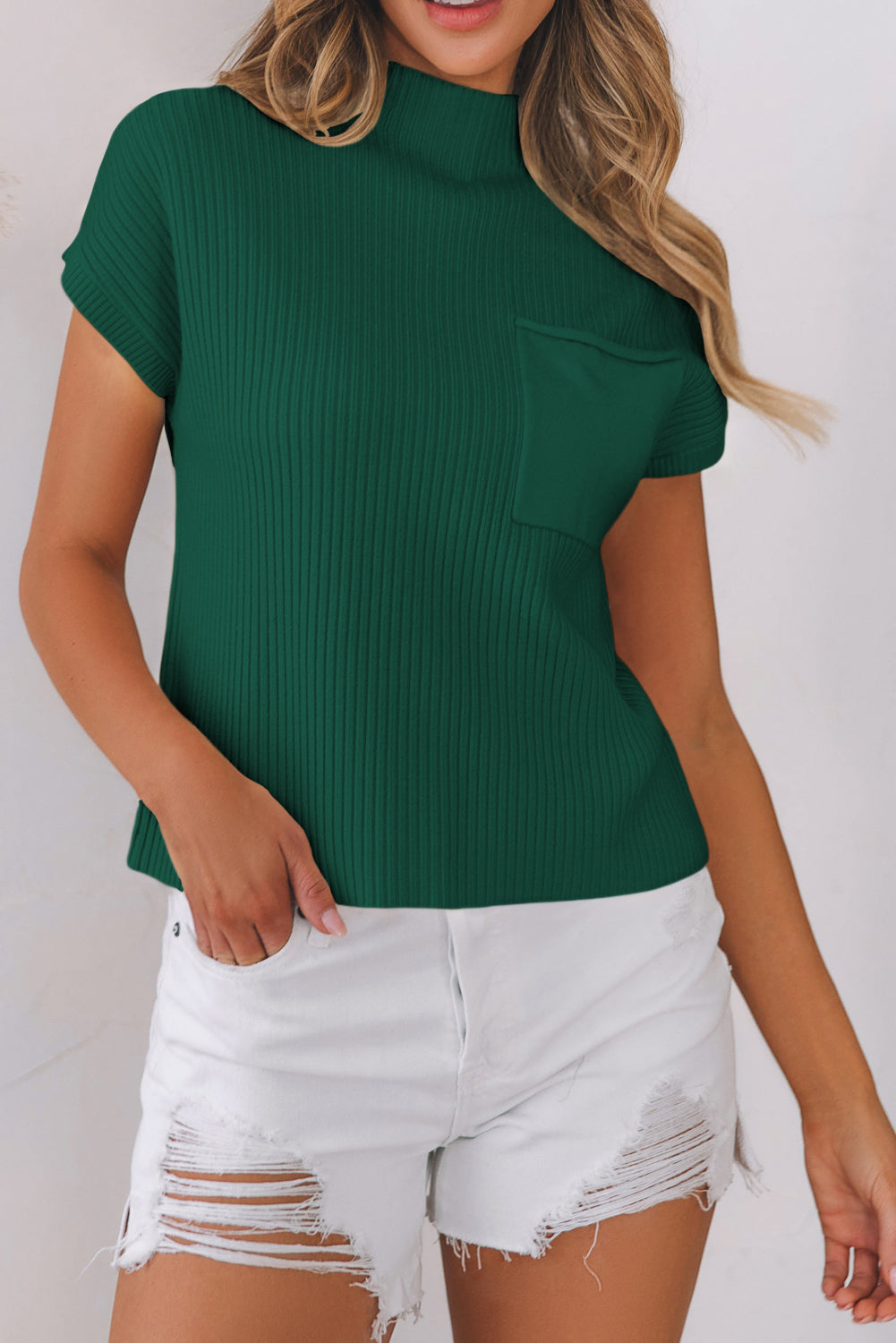 Beau Blue Patch Pocket Ribbed Knit Short Sleeve Sweater