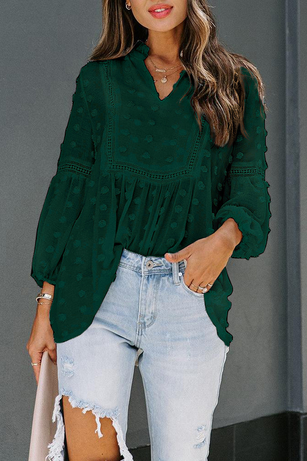 Blue Ruffled Split Neck Lace Hollow Out Puff Sleeve Polka Dot Blouse