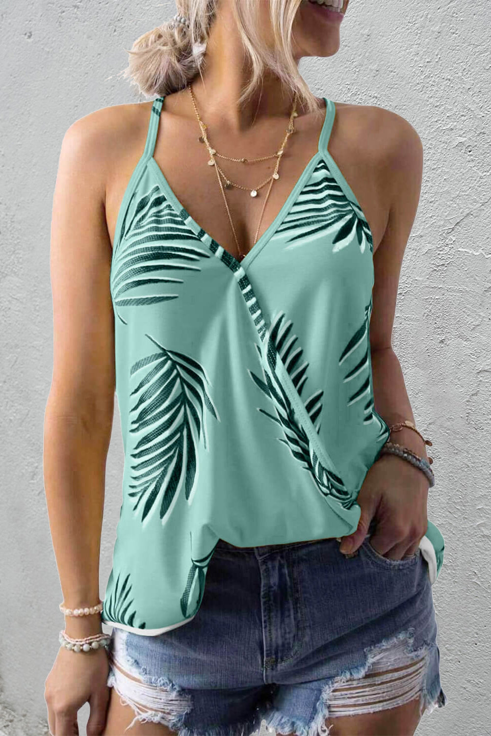 White Tropical Plant Print Tank Top