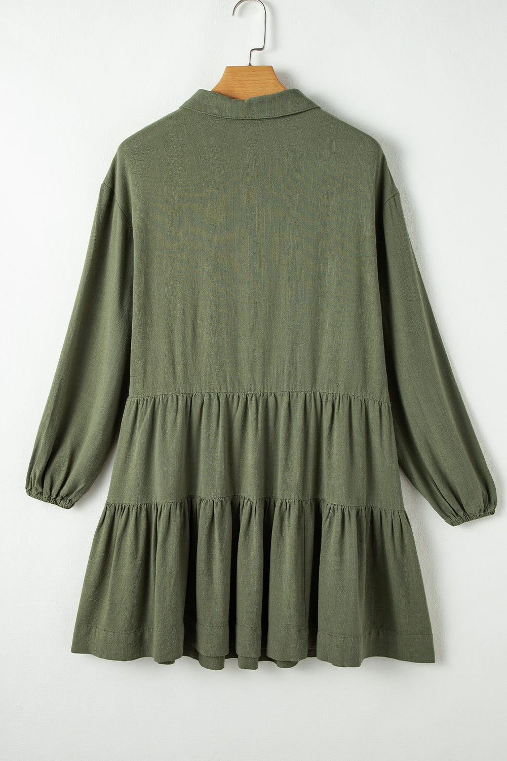 Tan Puff Sleeve Buttoned Tiered Pleated Shirt Mini Dress