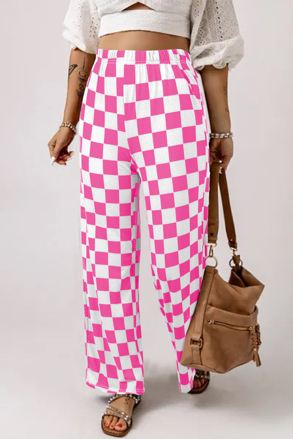 Green 2-Tone Checked Print High Waist Wide Leg Pants