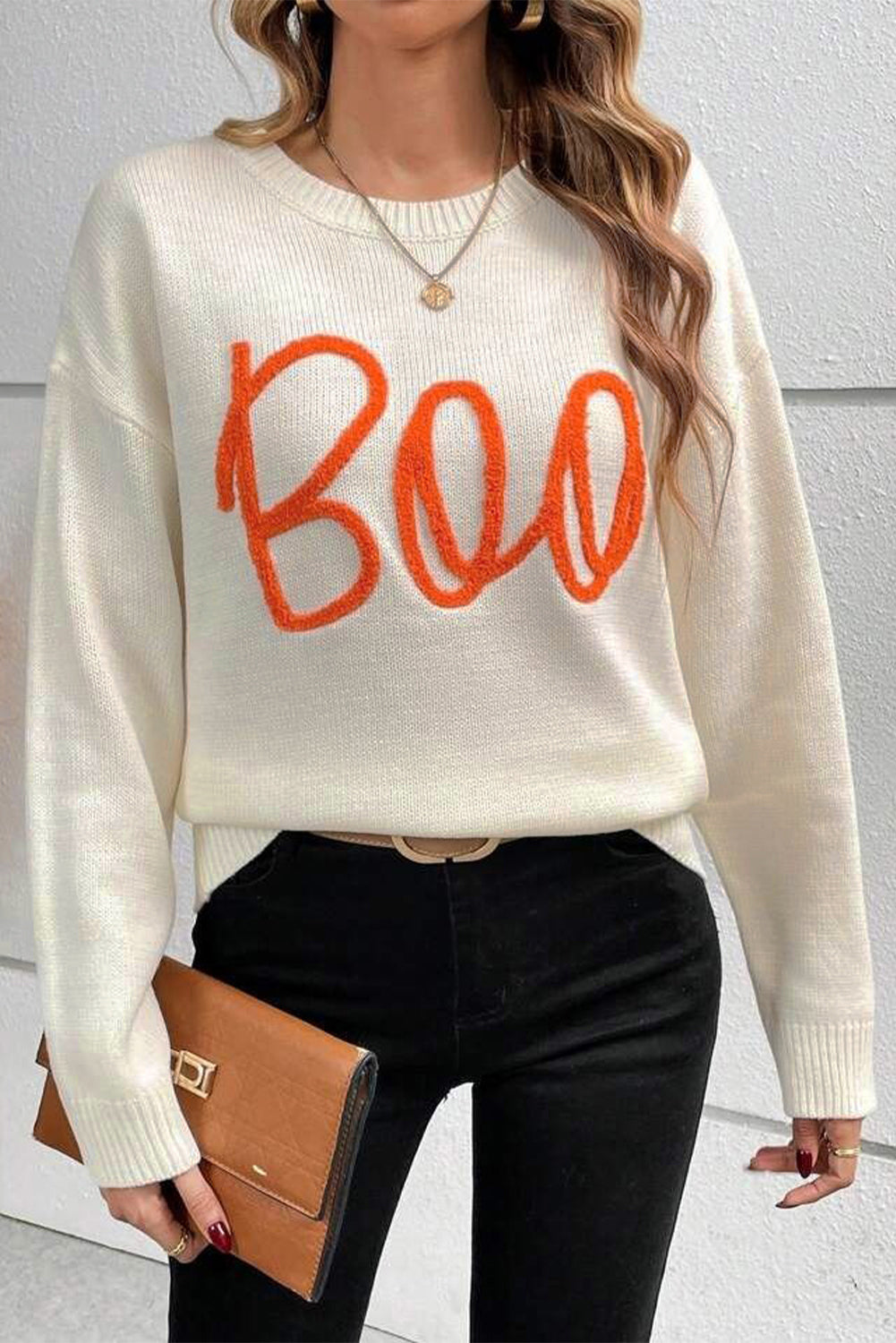 Orange Boo Knitted Pattern Ribbed Edge Drop Shoulder Sweater
