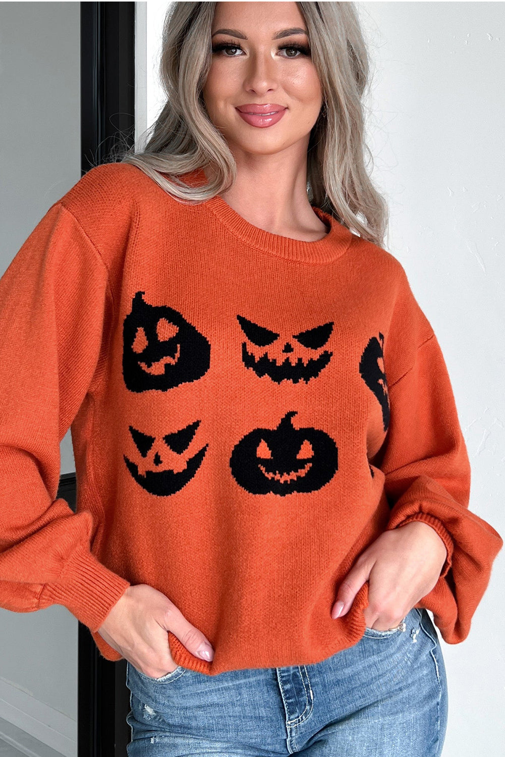 Black Halloween Pumpkin Face Pattern Drop Shoulder Sweater