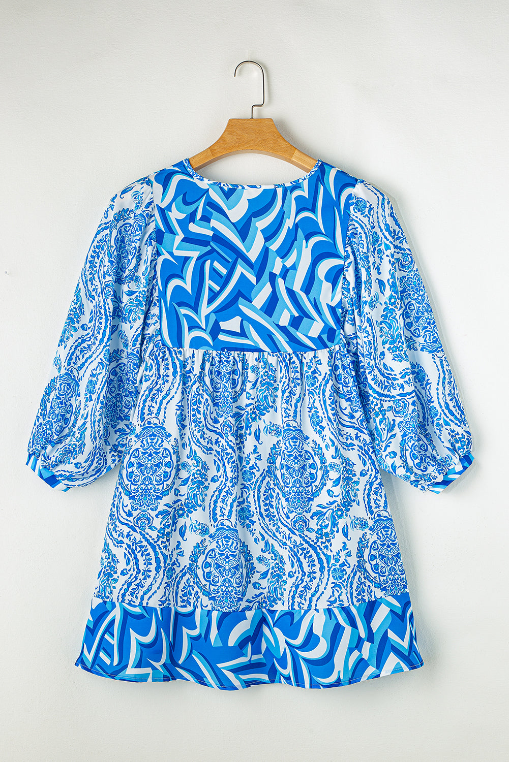 Orange Bohemian Print Puff Sleeve Tied V Neck Flared Mini Dress