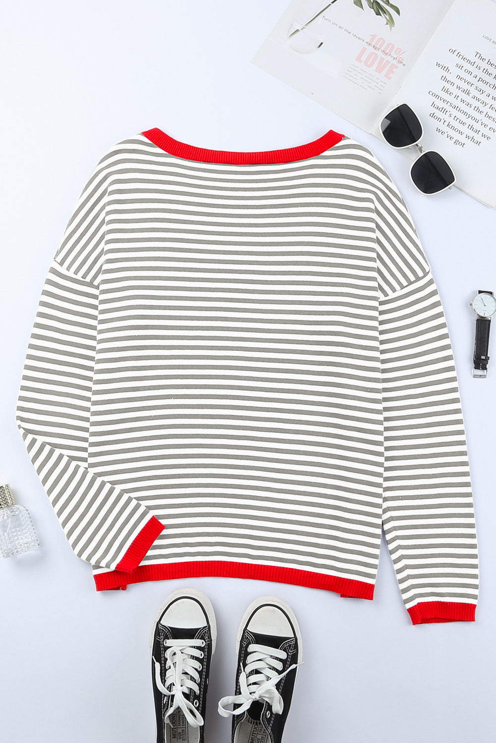 Fiery Red Contrast Trimmed Striped Drop Shoulder Sweater