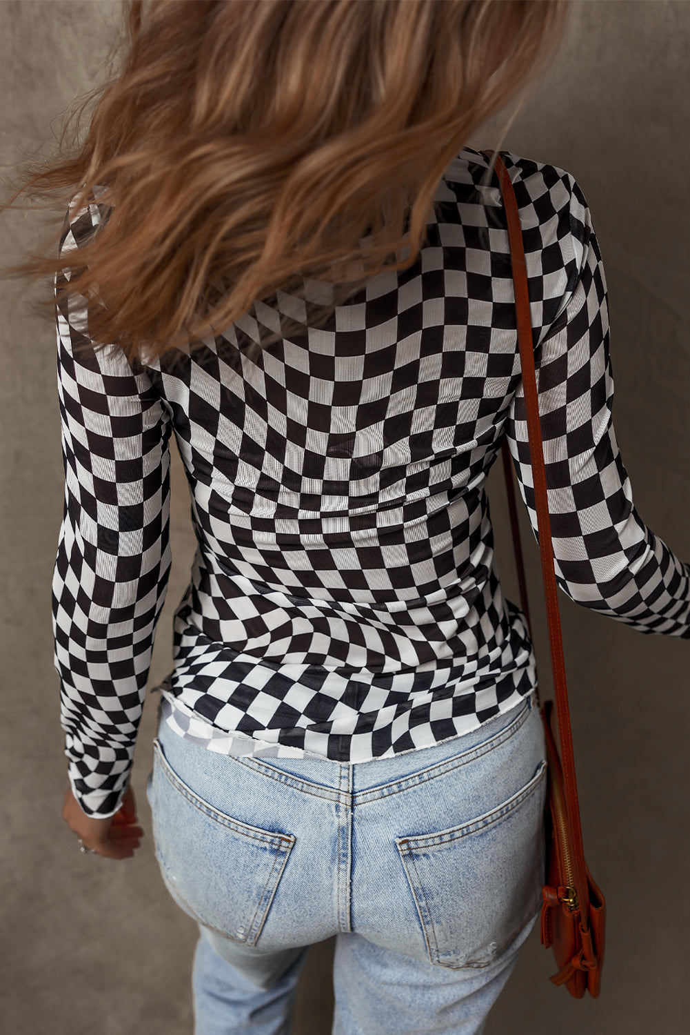 Khaki Checkered Pattern Mesh Mock Neck Long Sleeve Top