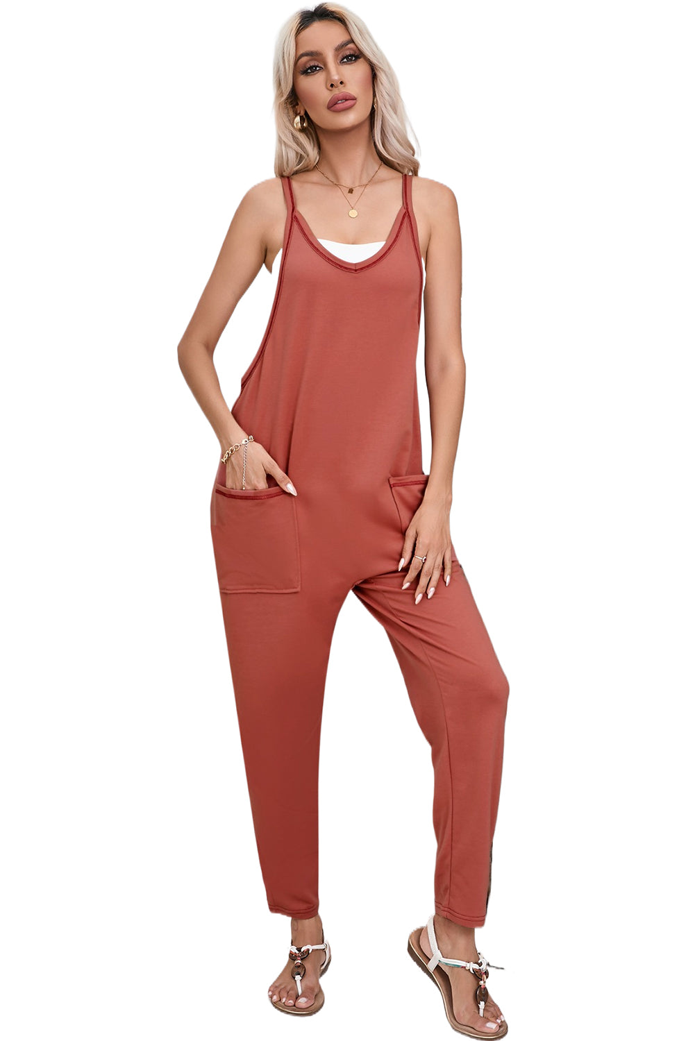 Apricot Side Pockets Harem Pants Sleeveless V Neck Jumpsuit