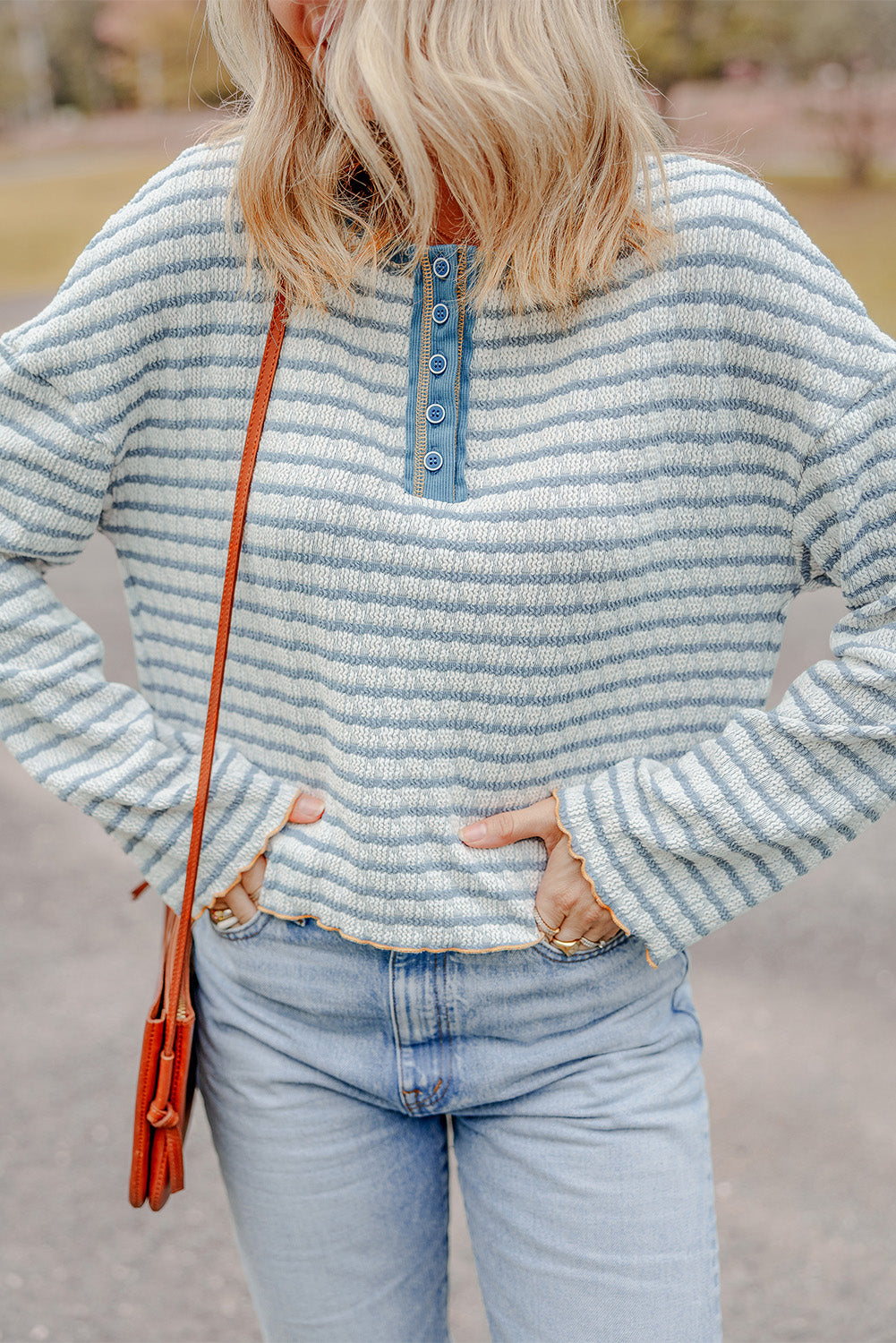 Green Stripe Textured Frilly Trim Buttons Henley Long Sleeve Top