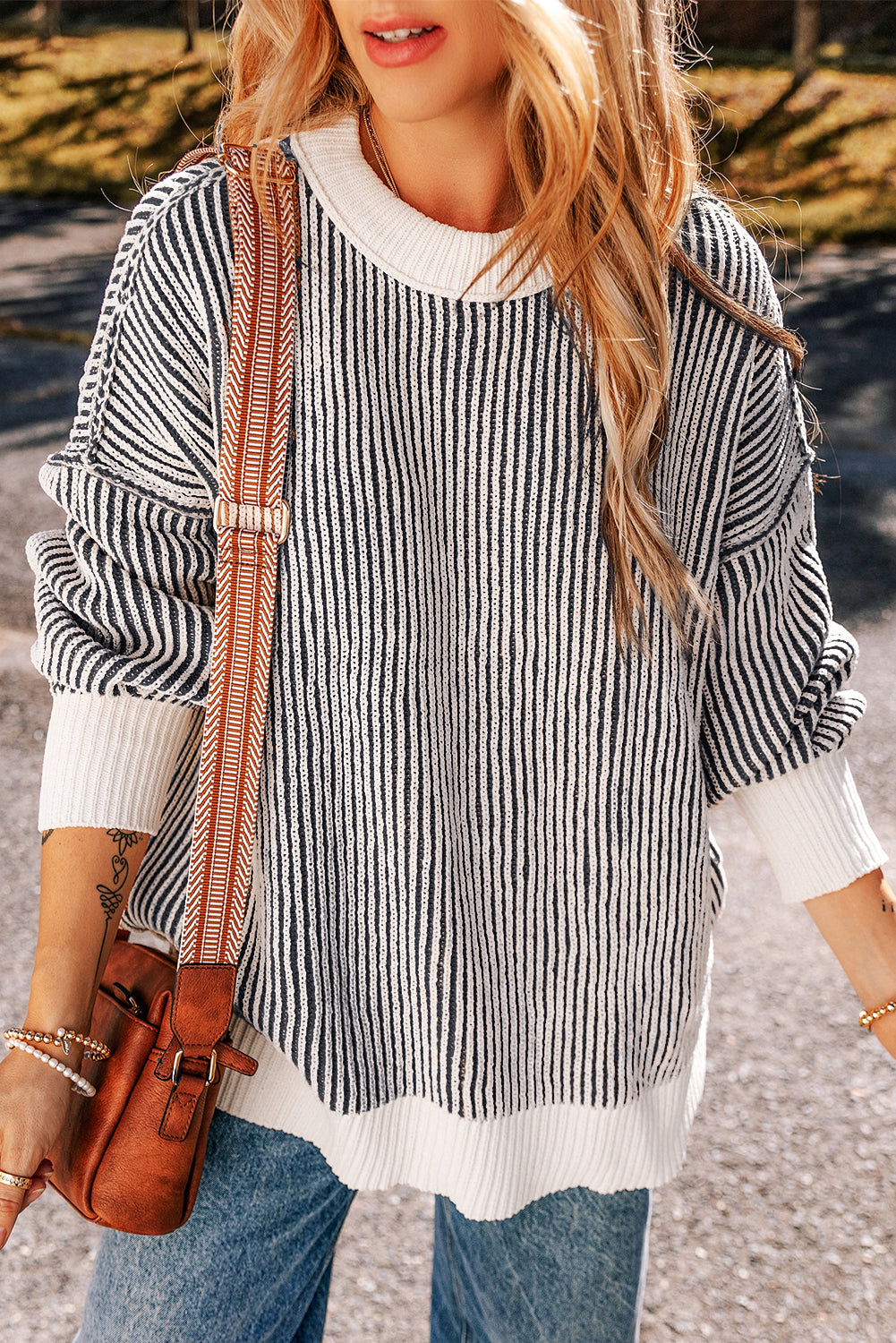 Dark Blue Striped Textured Knit Contrast Edge Loose Sweater