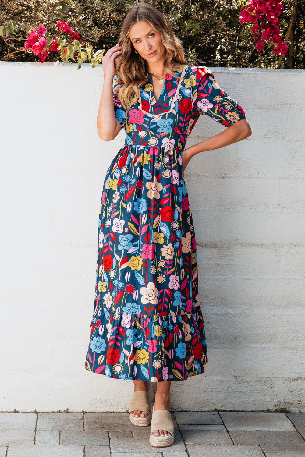 Black Retro Floral Printed Split Neck Maxi Dress