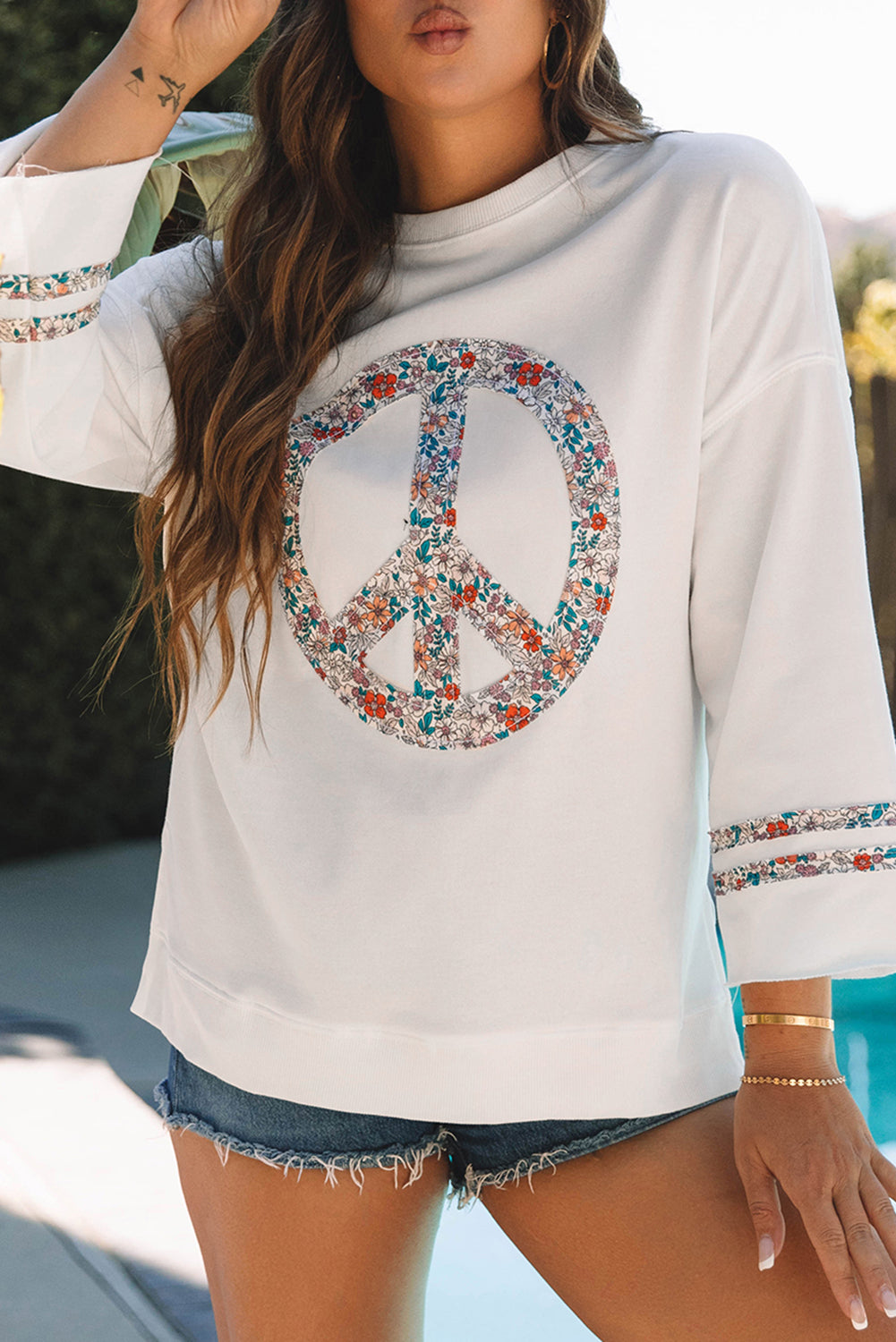 Light Pink Floral Peace Sign Graphic Drop Shoulder Wide Sleeve Casual Top