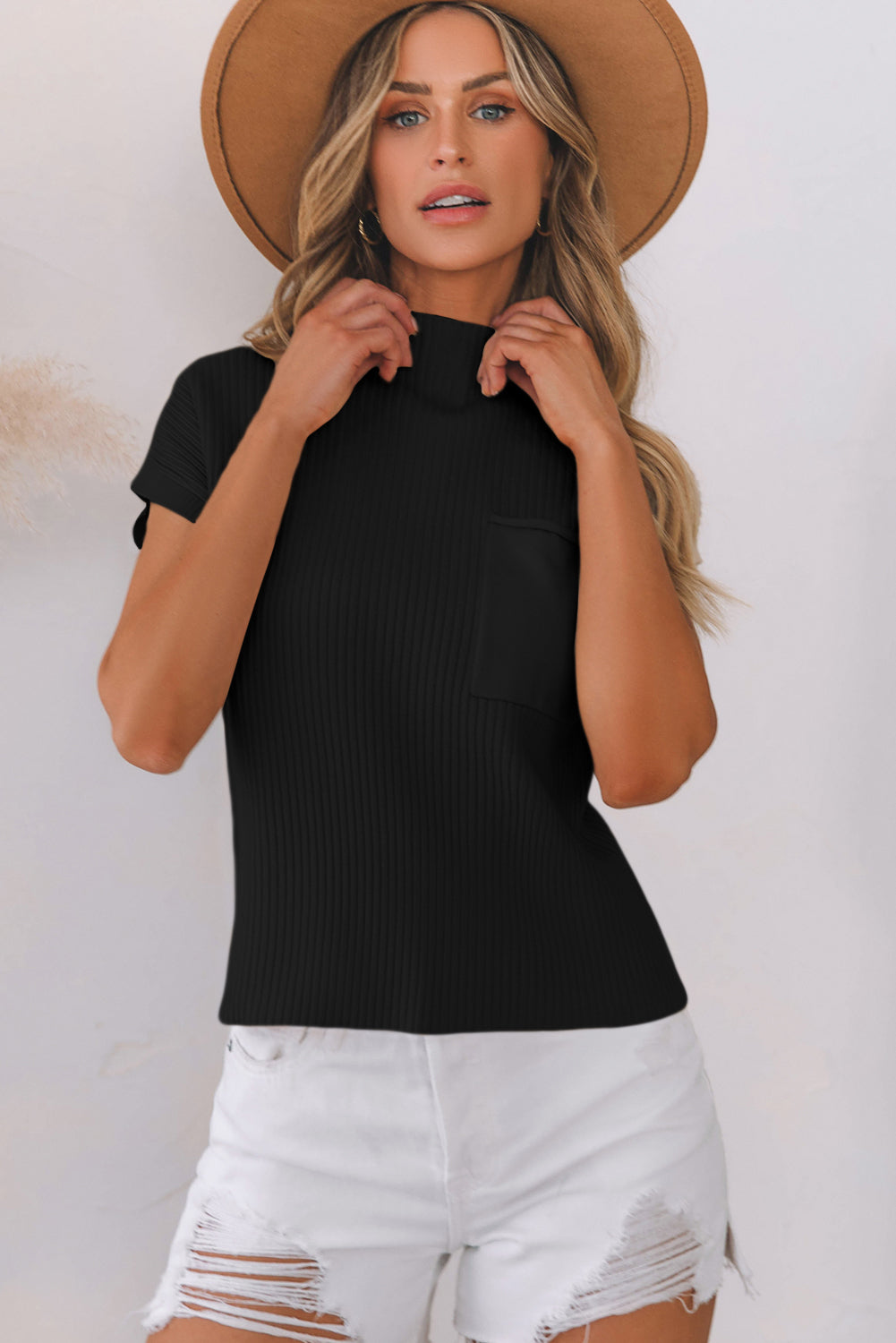 Beau Blue Patch Pocket Ribbed Knit Short Sleeve Sweater