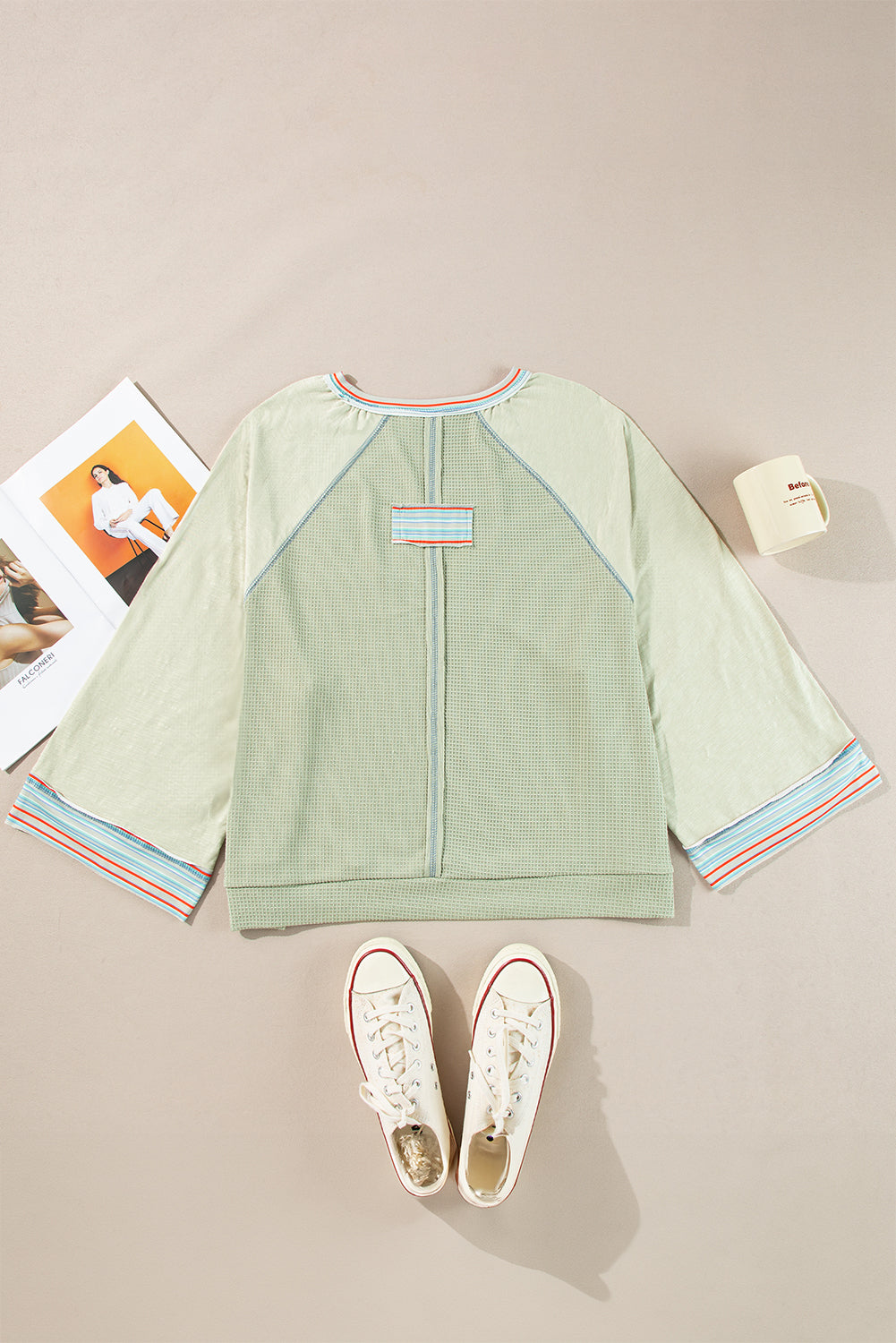 Grapefruit Orange Waffle Knit Wide Bracelet Sleeve Patchwork Raglan Top