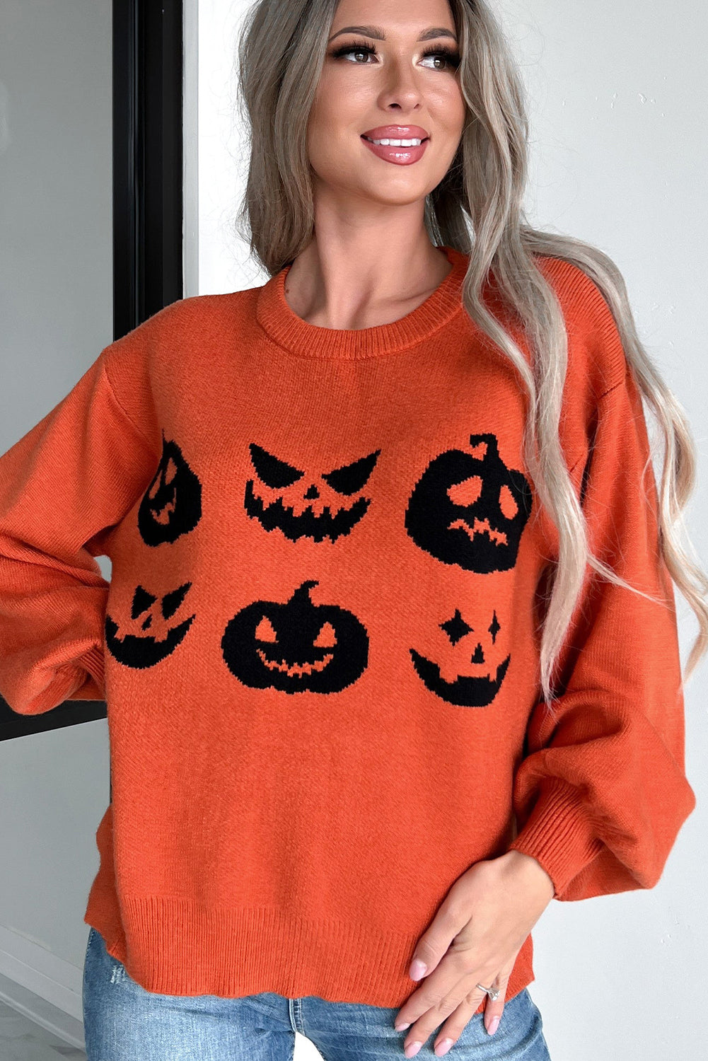 Black Halloween Pumpkin Face Pattern Drop Shoulder Sweater