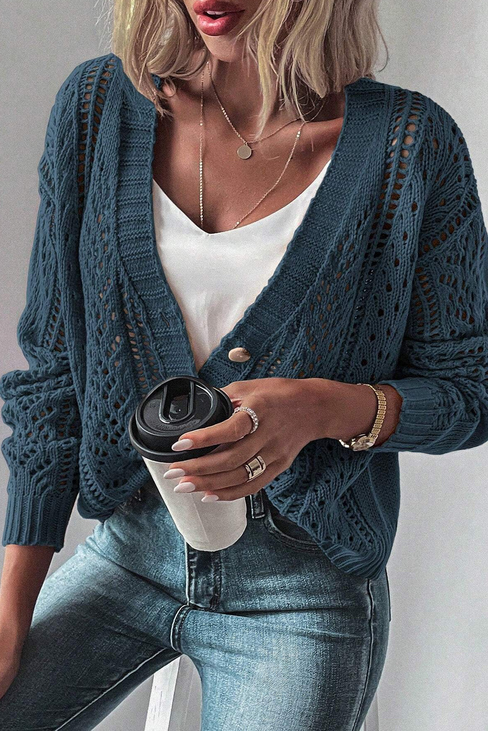 Black Open Knit Drop Shoulder Sweater Cardigan