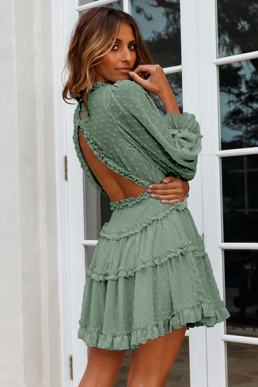 Pink Layered Ruffled Open Back Puff Sleeve Swiss Dot Mini Dress
