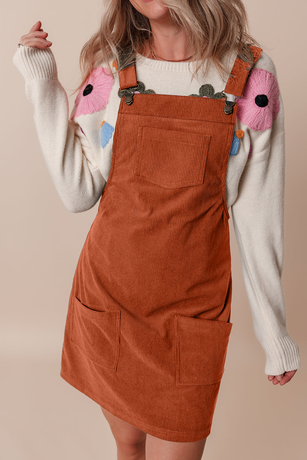Black Solid Front Pockets Sleeveless Corduroy Overall Dress