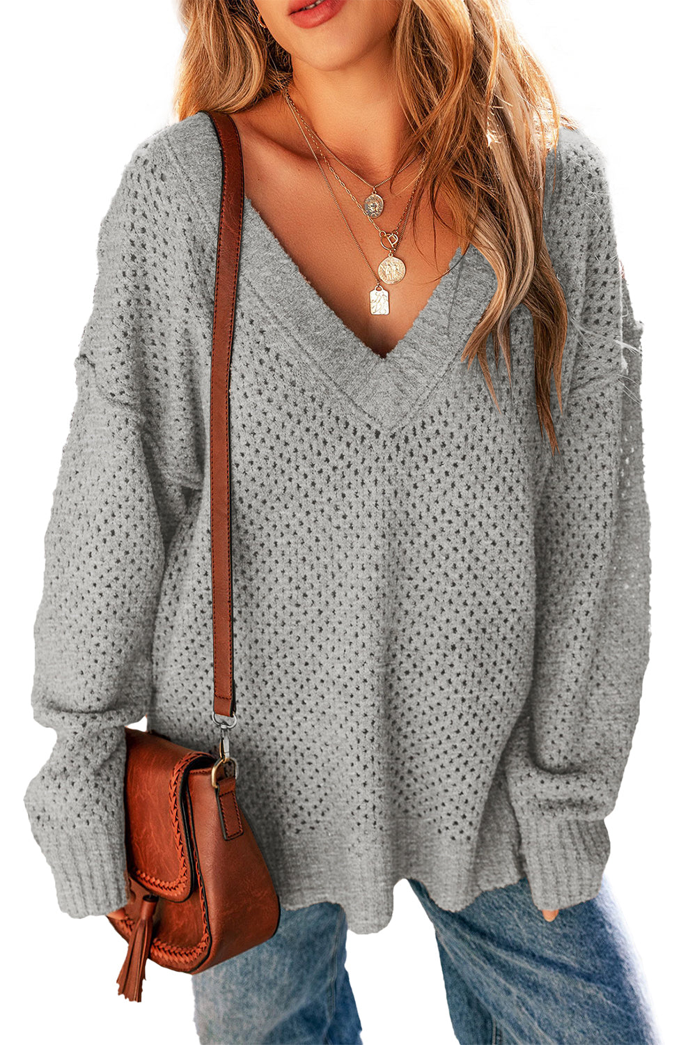 Jungle Green Loose Eyelet V Neck Drop Shoulder Sweater