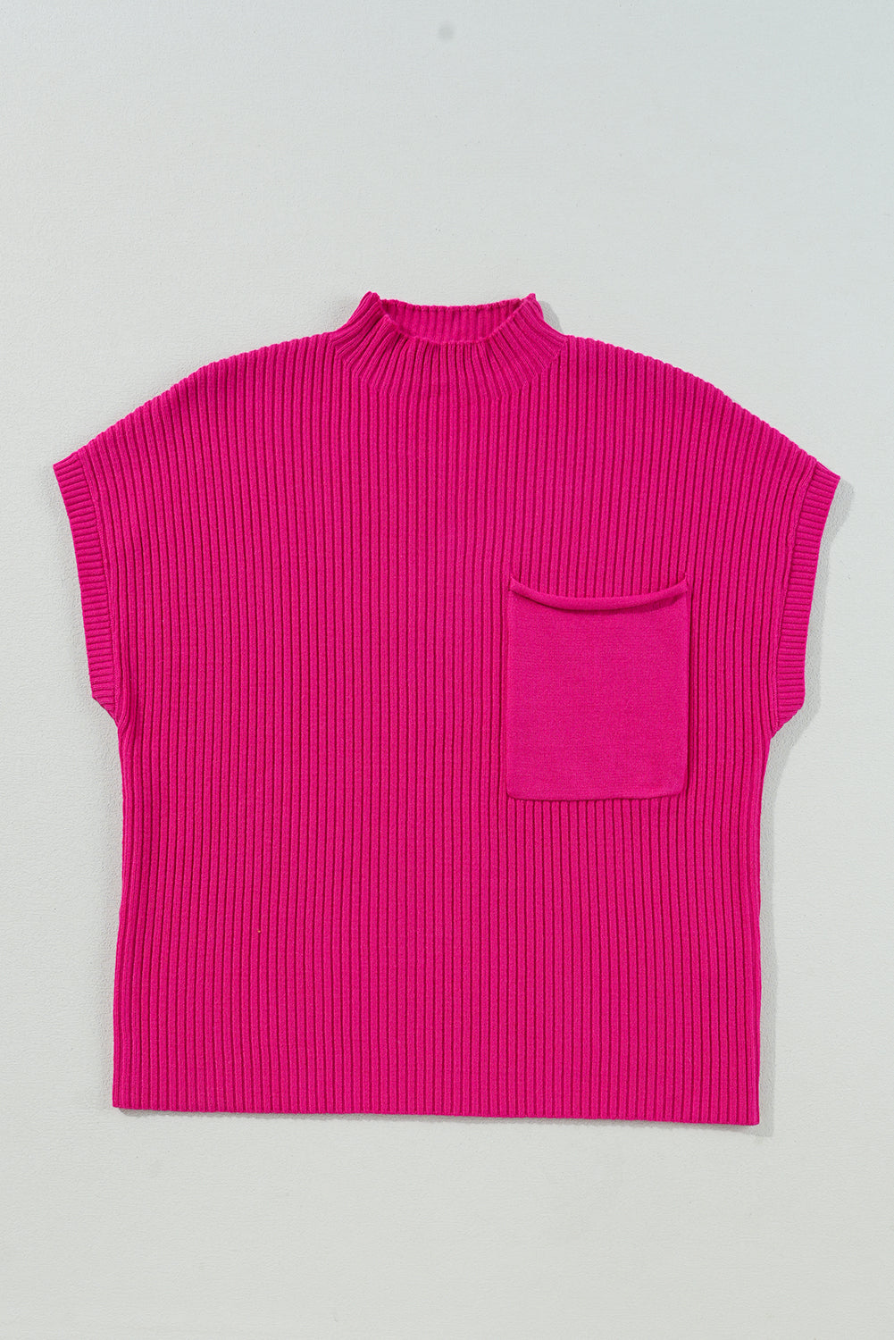 Beau Blue Patch Pocket Ribbed Knit Short Sleeve Sweater
