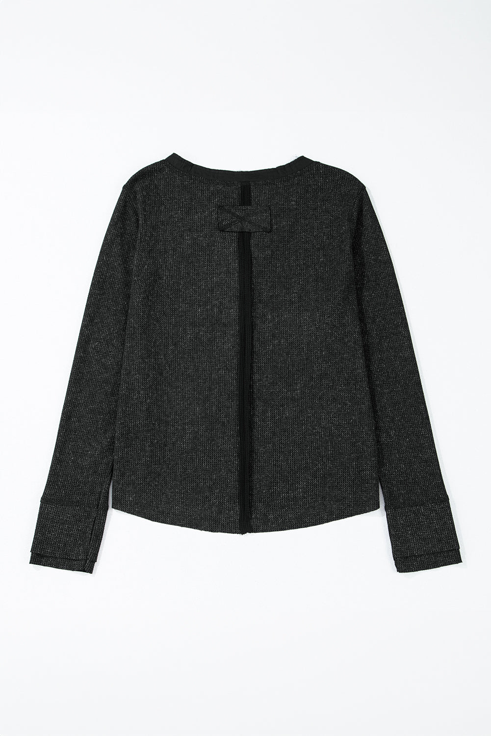 Smoke Green Acid Wash Waffle Knit Buttoned Neckline Long Sleeve Top