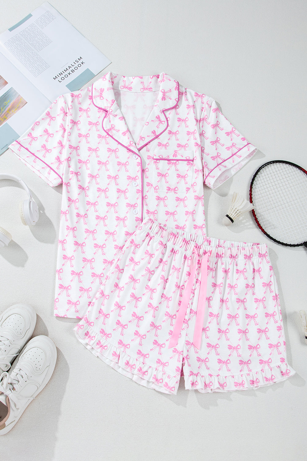 Green Clover Printed Short Sleeve and Ruffled Shorts Pajama Set