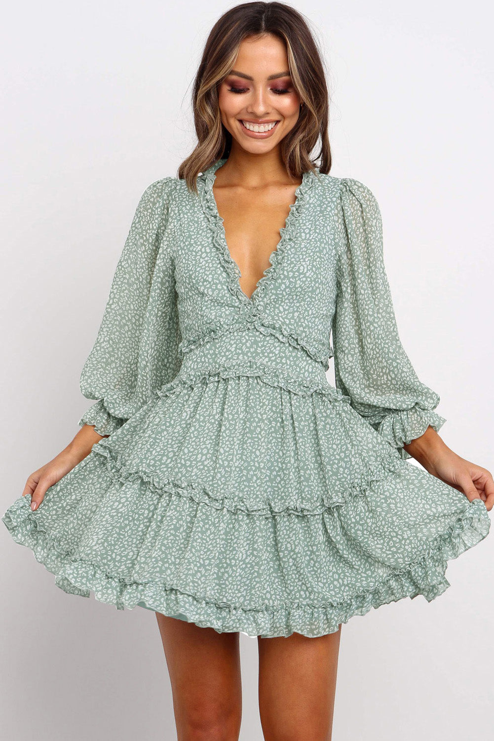 Blue Ruffle Detailing Open Back Floral Dress