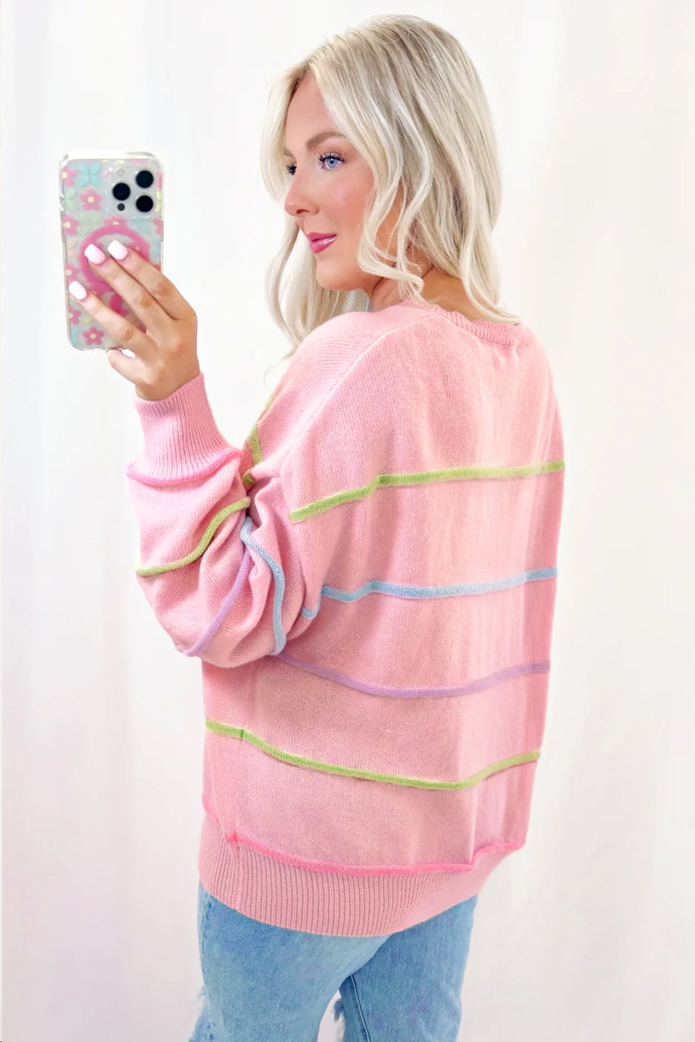 White Rainbow Stripes Drop Shoulder Baggy Henley Sweater