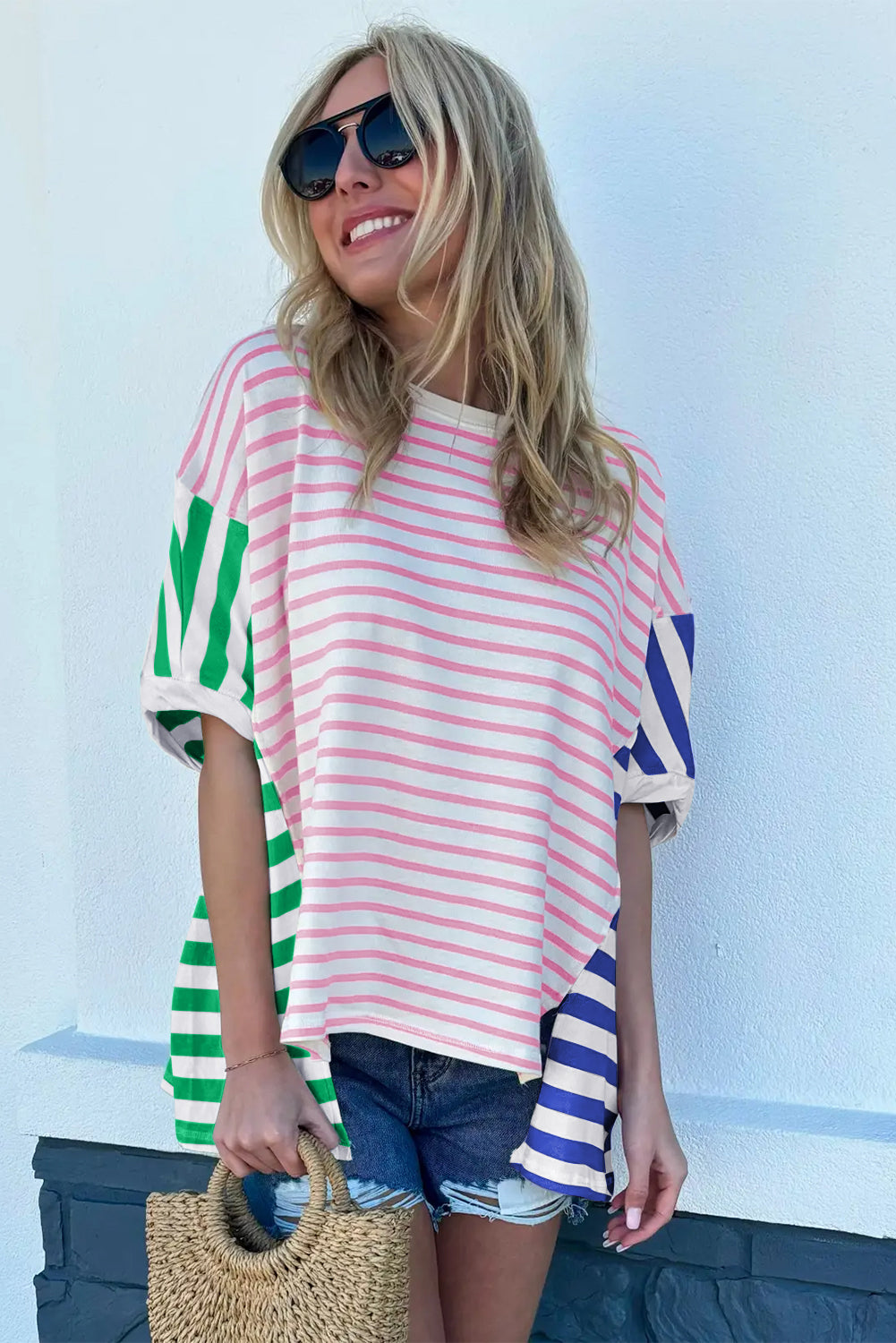 Blue Stripe Colorblock Patchwork Baggy T Shirt