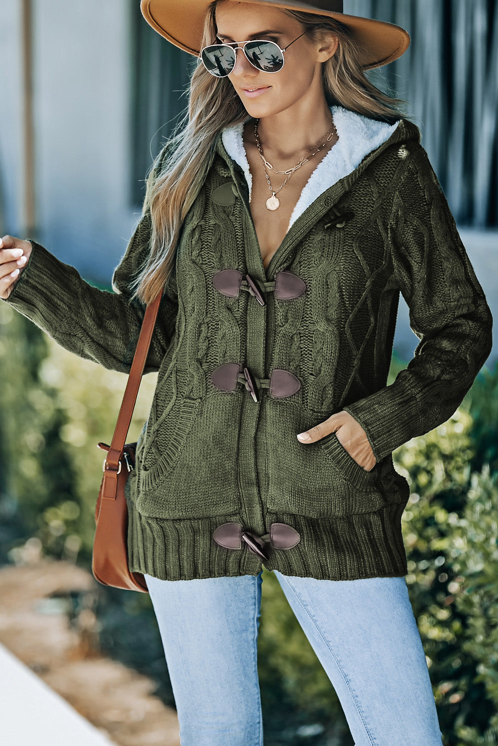 Fur Hood Horn Button Sweater Cardigan
