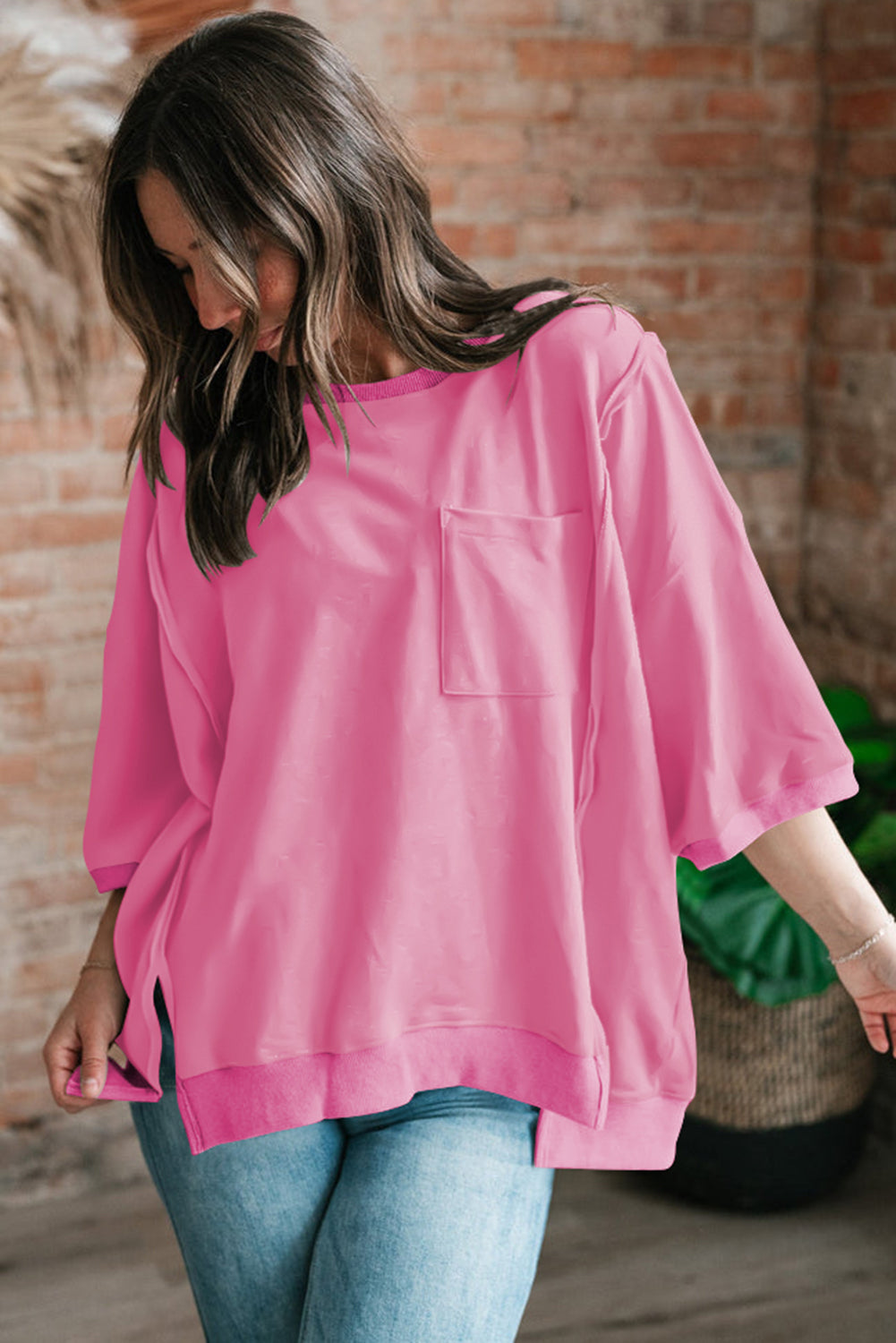 Light Grey Exposed Seam Chest Pocket Split Loose T Shirt