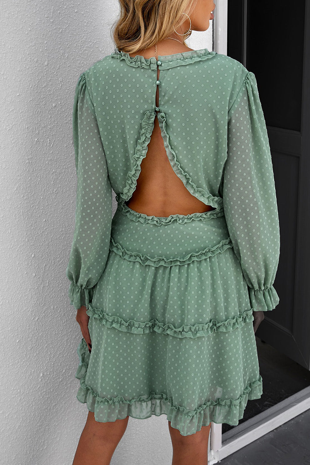 Pink Layered Ruffled Open Back Puff Sleeve Swiss Dot Mini Dress