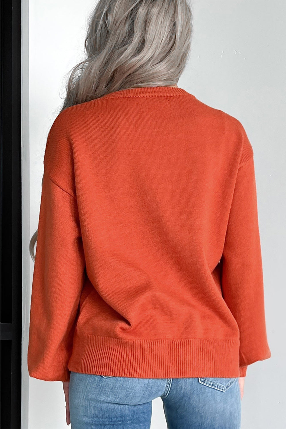 Black Halloween Pumpkin Face Pattern Drop Shoulder Sweater