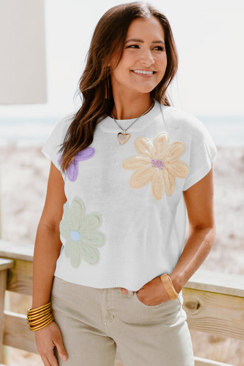 Pink Multi Crochet Flower Knit Short Sleeve Sweater Top