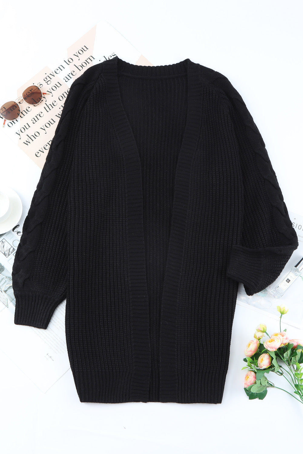 Khaki Open Front Cable Sleeve Long Cardigan