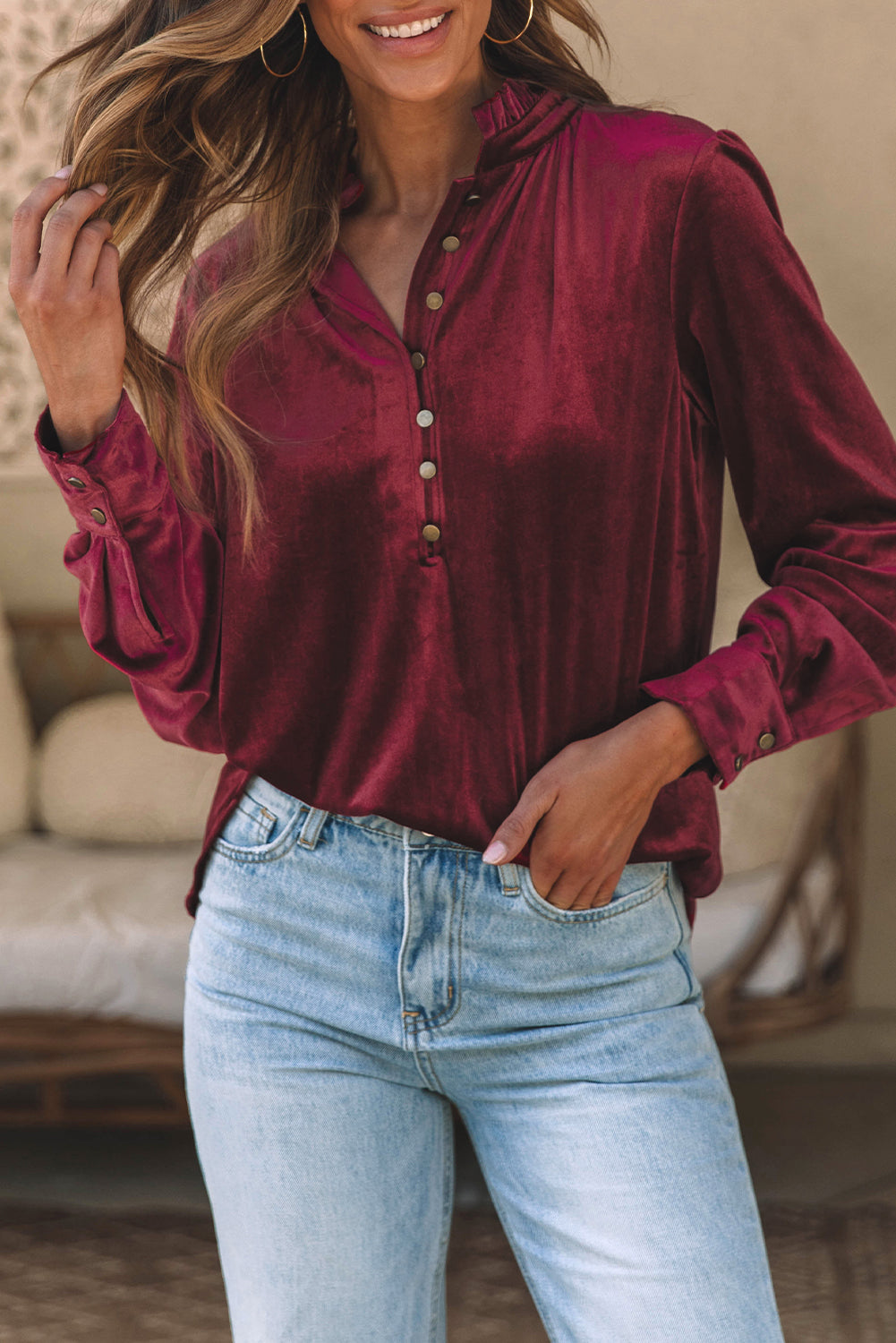 Desert Palm Frilled Neck Buttoned Front Velvet Top