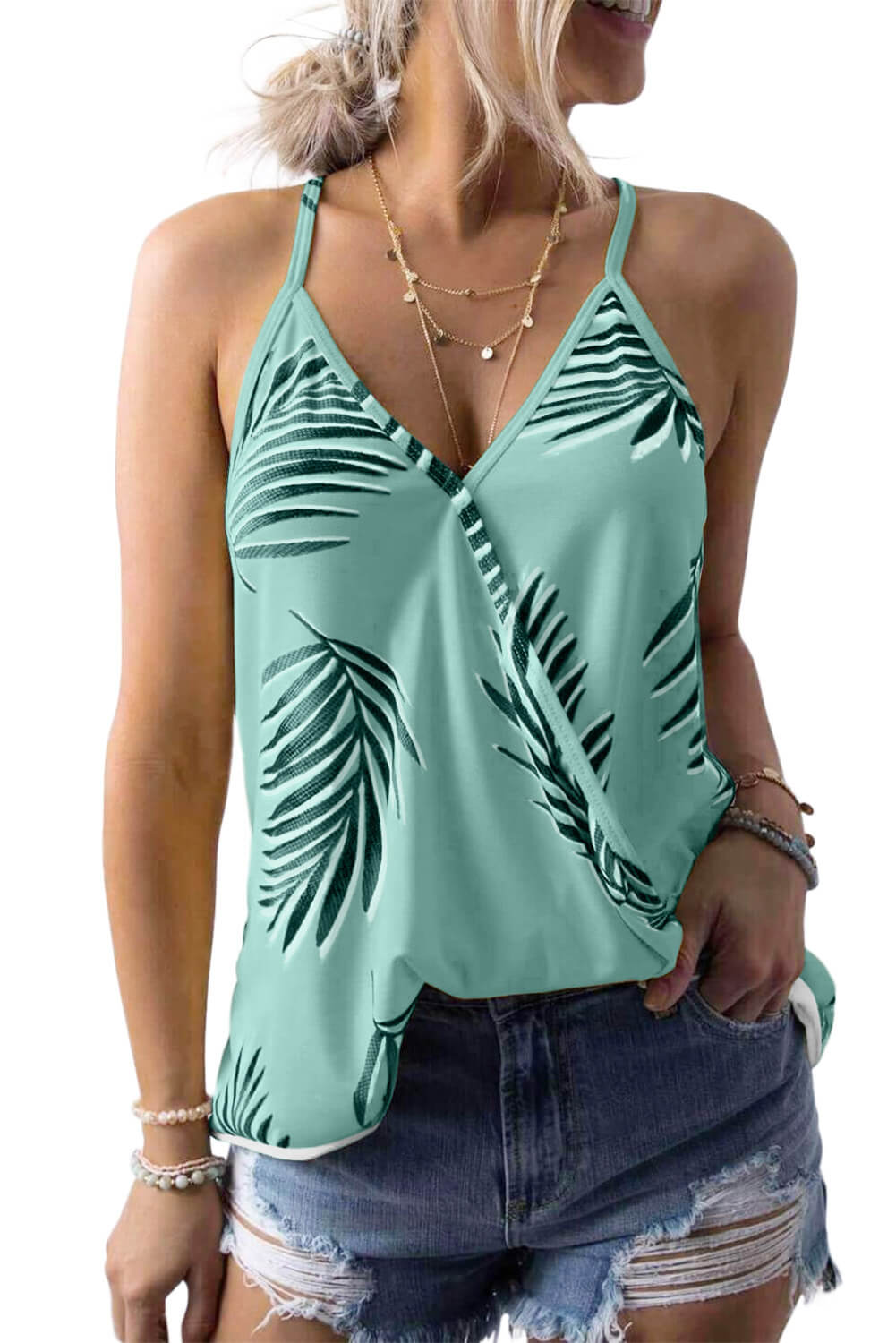 White Tropical Plant Print Tank Top
