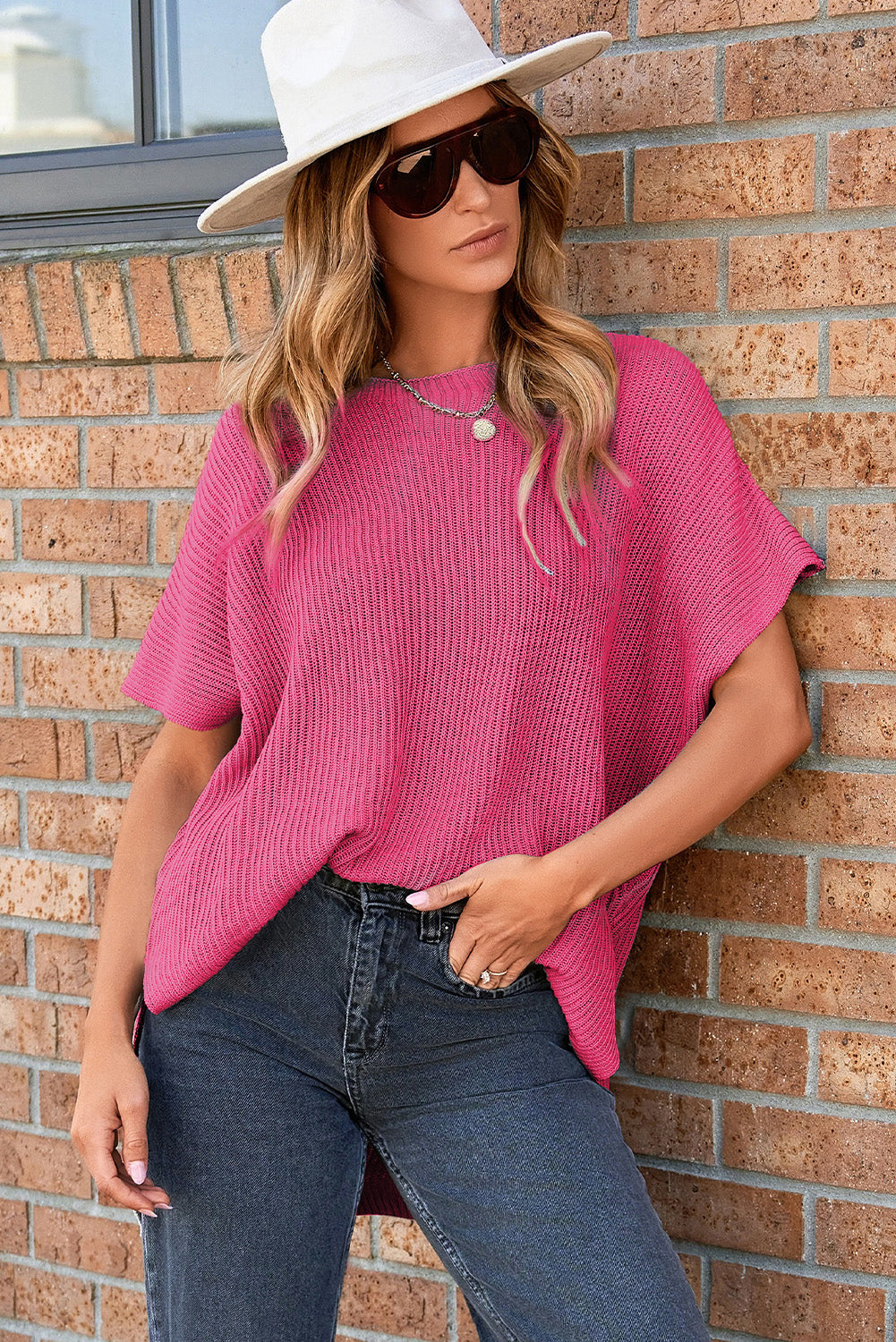 Haze Blue Short Sleeve Side Slit Oversized Sweater